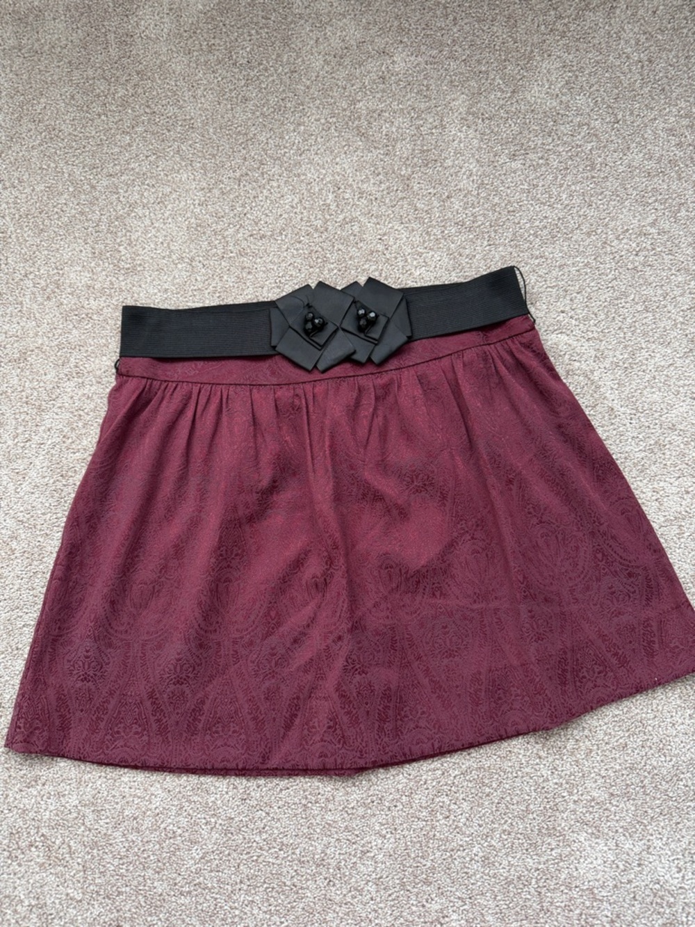 Stooshy Wine A-Line Skirt with Black Floral Waistband
